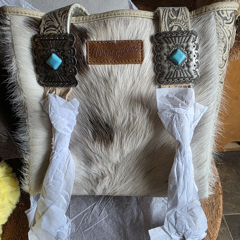 Wrangler White and Brown Fur Tote with Turquoise Details